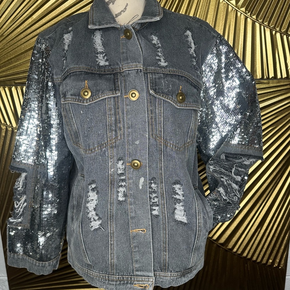 Macron Small Denim Jacket with Sequin Sleeves